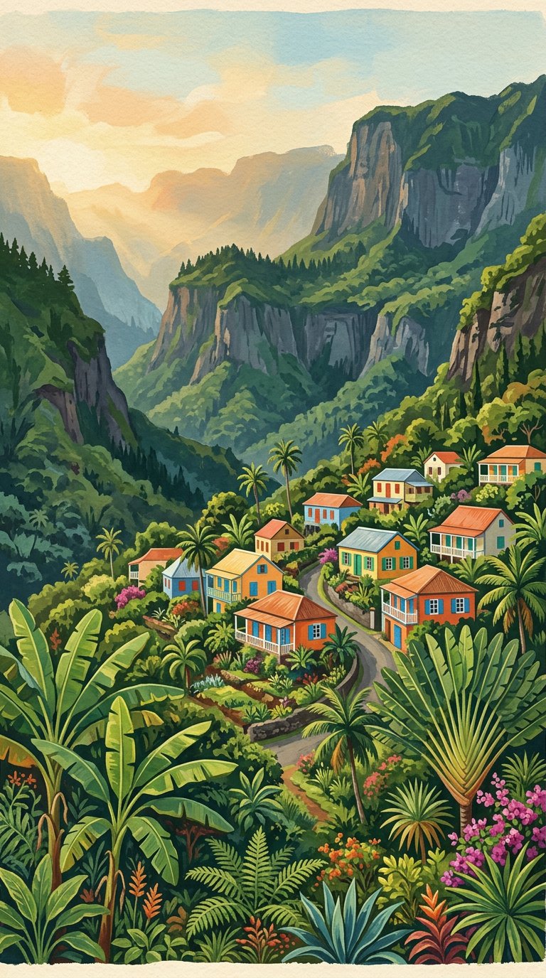 Vue illustrée des montagnes et maisons créoles de L'Entre-Deux