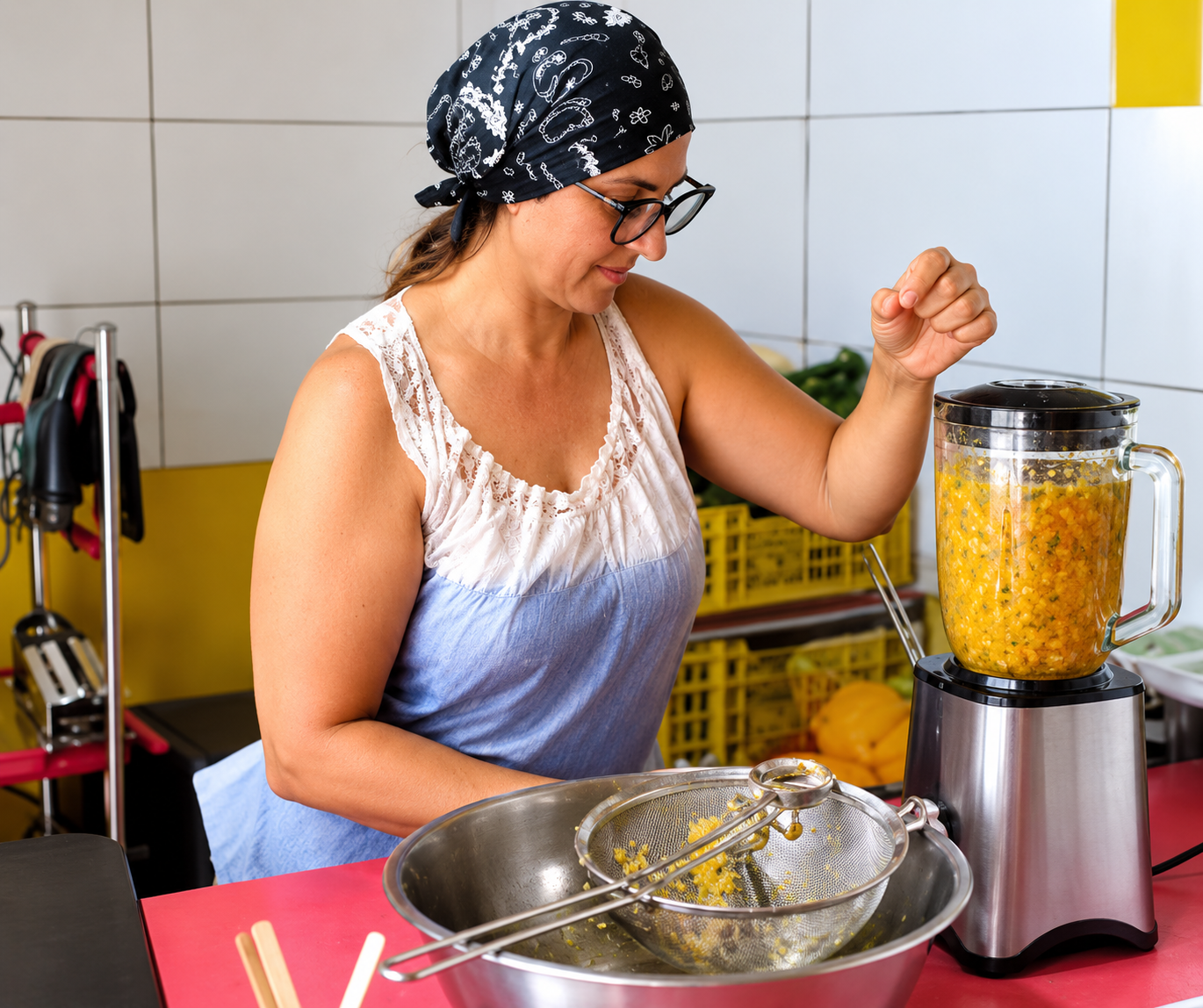 Sandra Ramaye préparant une recette dans la cuisine de l'association