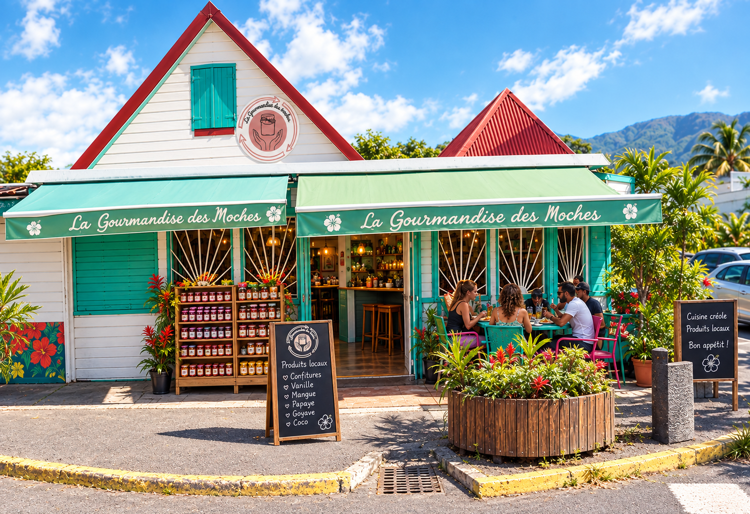 Façade colorée du restaurant La Gourmandise des Moches à La Réunion