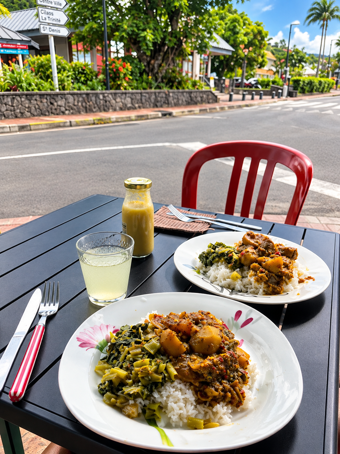 Repas réunionnais servi en terrasse