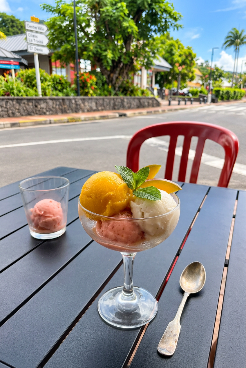 Coupe de sorbet maison aux fruits péi servie en terrasse