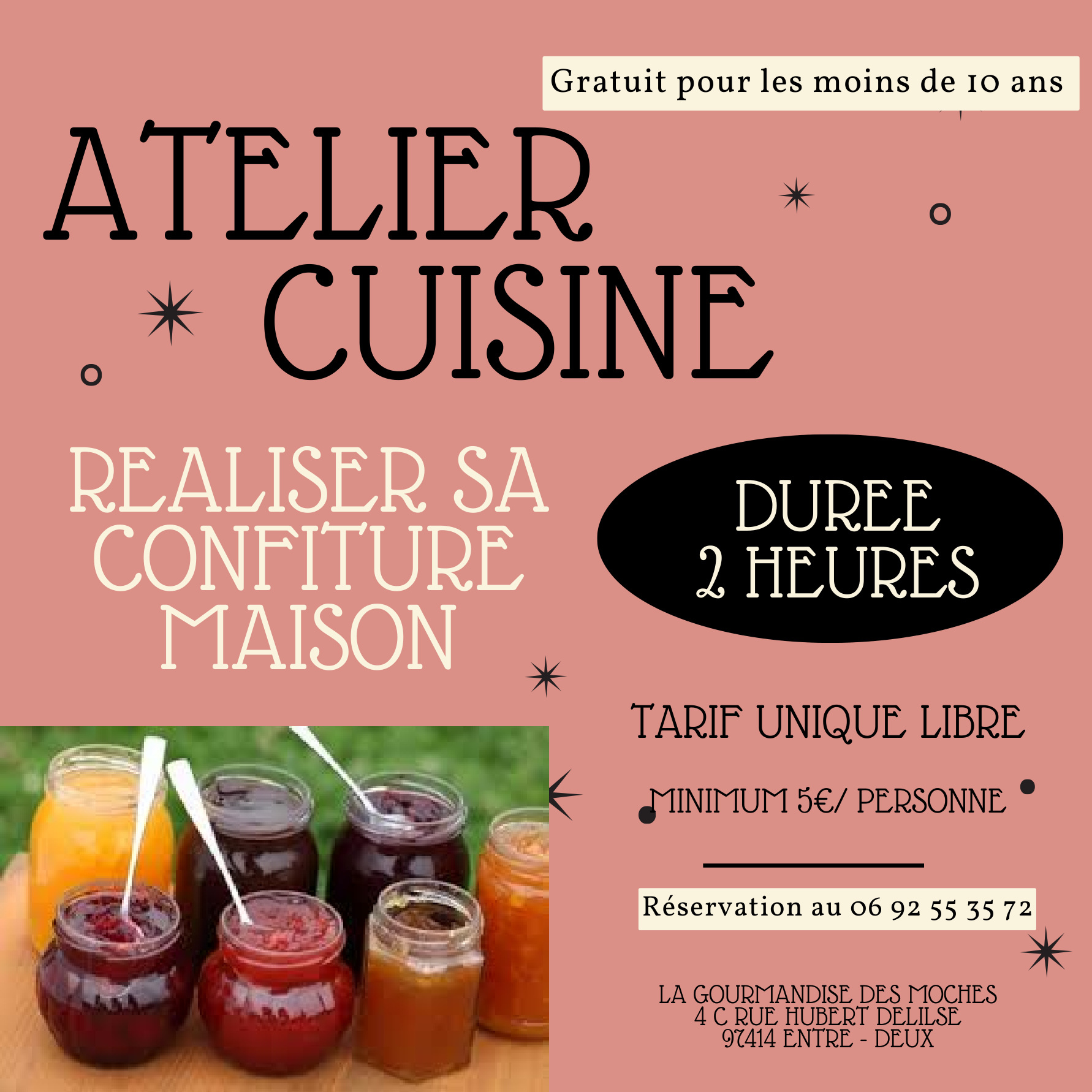 Official cooking workshop flyer: make your own jam, two hours, pay what you can